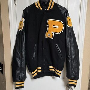 Vintage Neff Varsity Letterman Jacket Black Wool Leather Sleeves P Patch Soccer